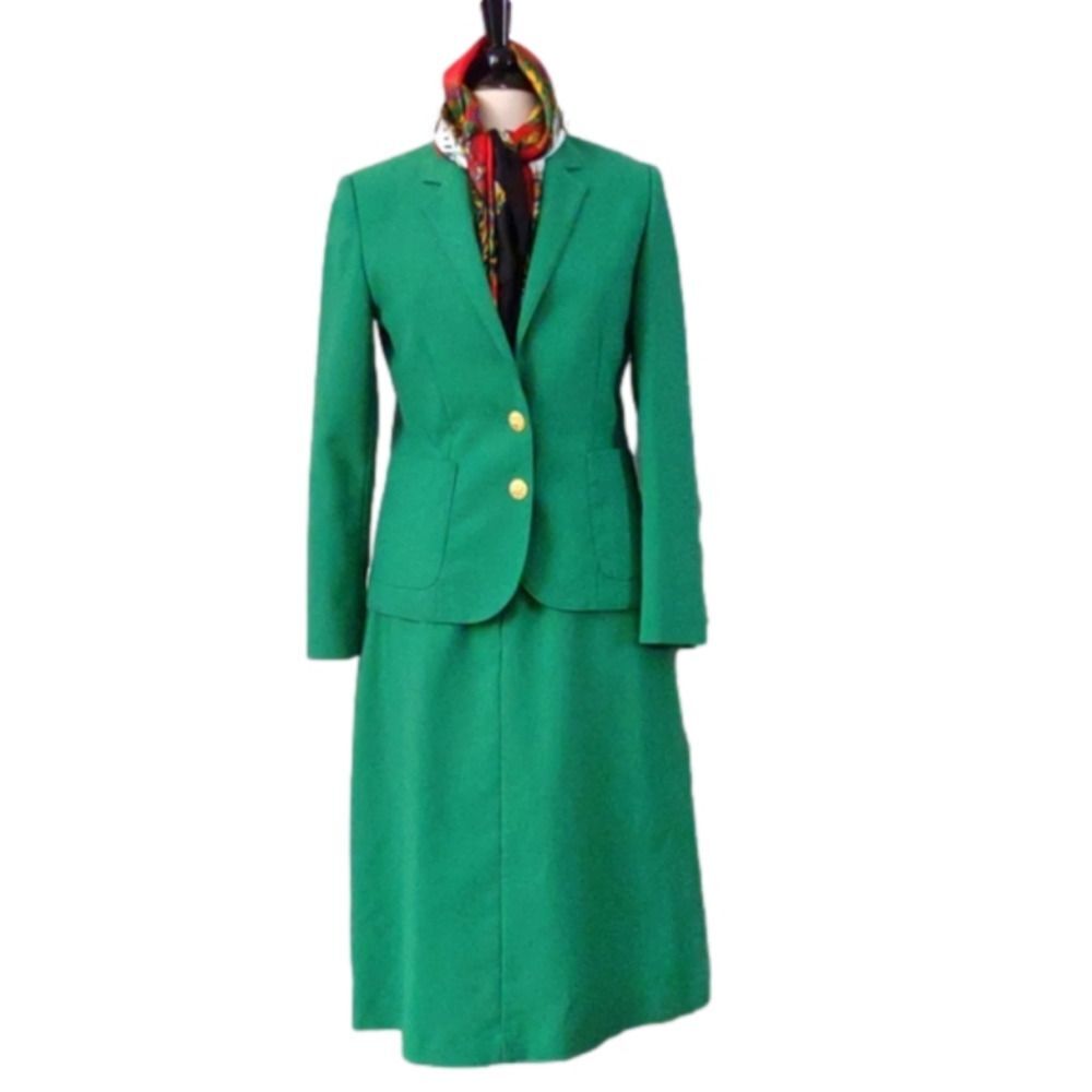 VINTAGE 70s Ship n Shore Kelly Green Blazer Skirt Suit Set 10 12